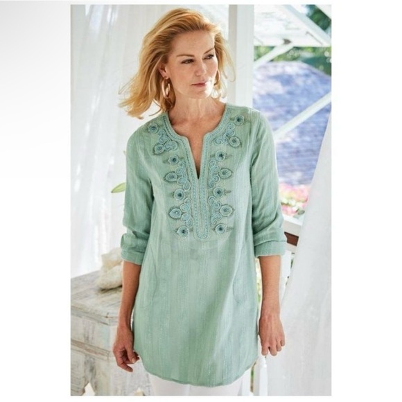 Soft Surroundings Green Beaded Embroidered Soutache Nimi Tunic Pockets Top Sz L - Picture 1 of 9